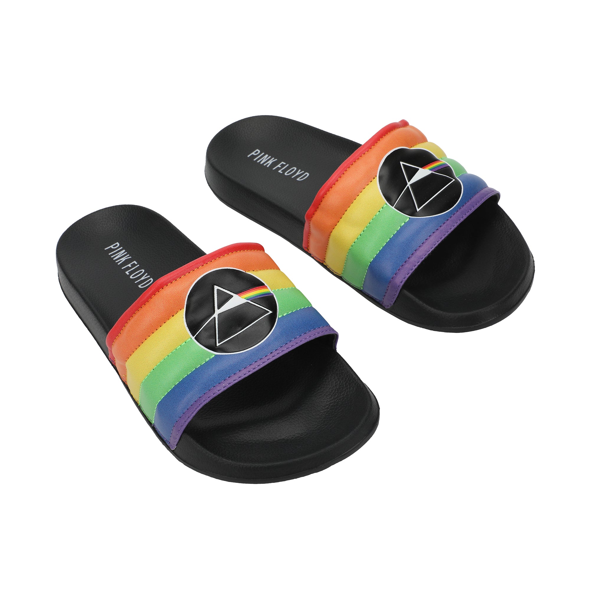 Pink Floyd Dark Side Of The Moon Triangle Artwork On Rainbow Straps Women's Black Slide Sandals