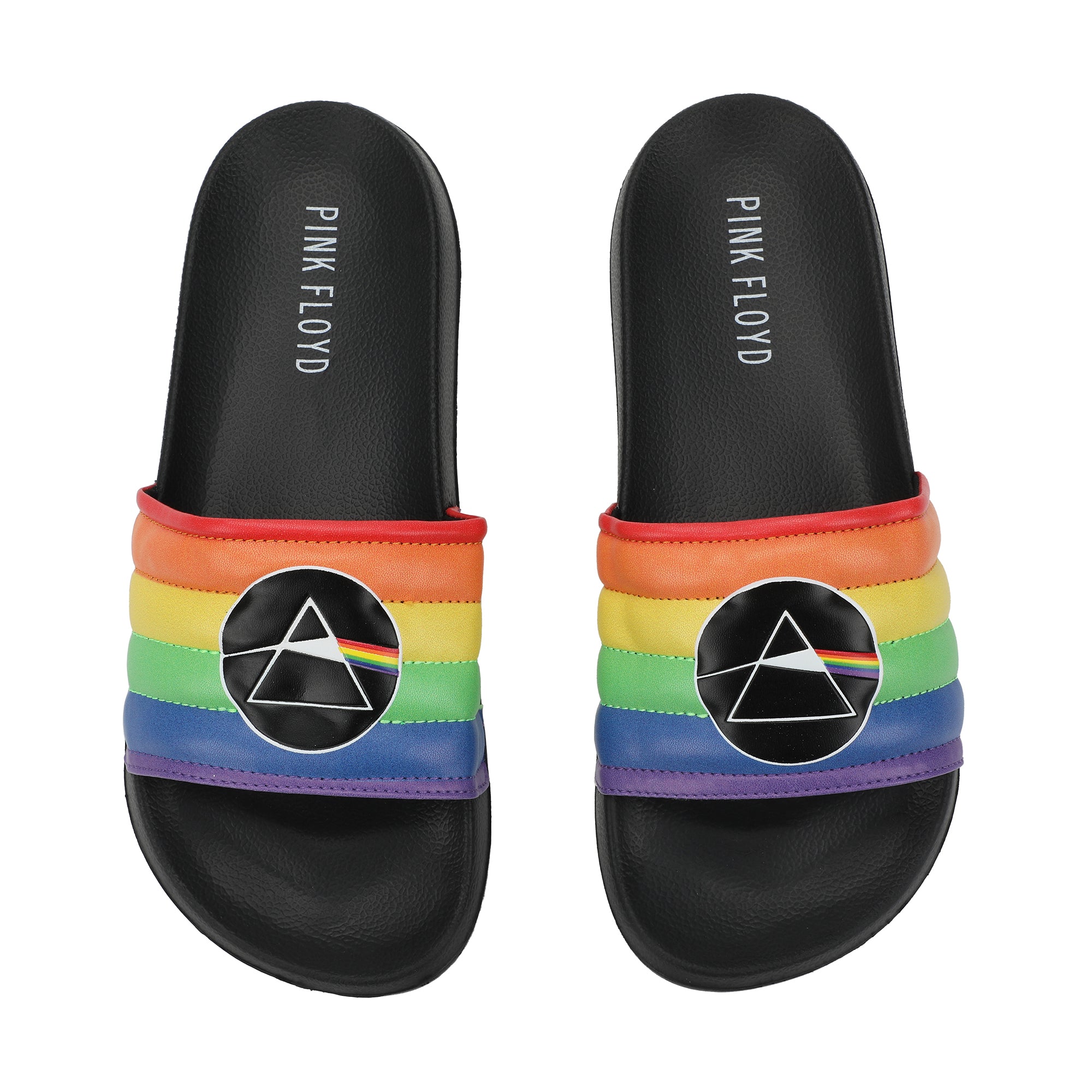 Pink Floyd Dark Side Of The Moon Triangle Artwork On Rainbow Straps Women's Black Slide Sandals