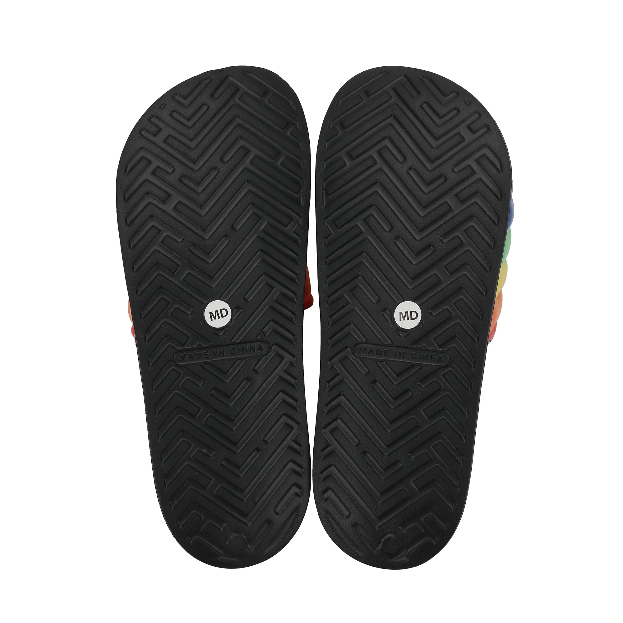 Pink Floyd Dark Side Of The Moon Triangle Artwork On Rainbow Straps Women's Black Slide Sandals