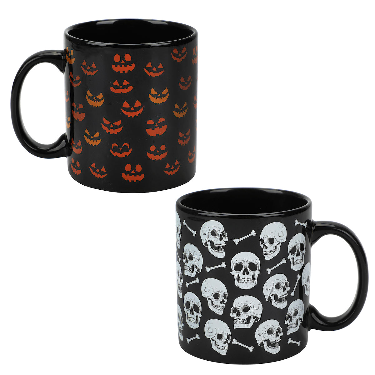 Halloween Skulls & Jack-o'-Lantern Faces 2-Pack 16 Oz Ceramic Mugs