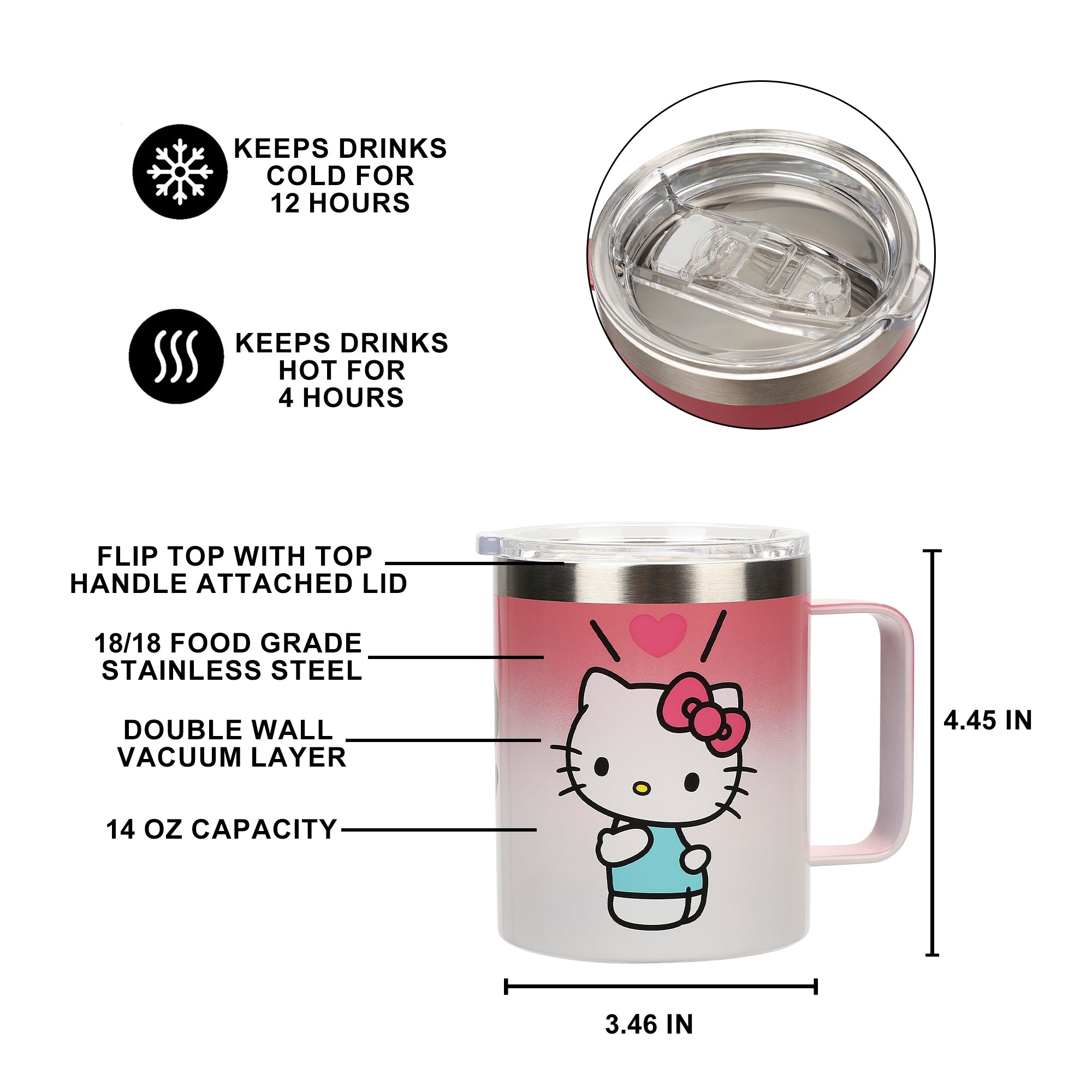 Hello Kitty Text and Character 14oz Vacuum Sealed Stainless Steel Coffee Mug