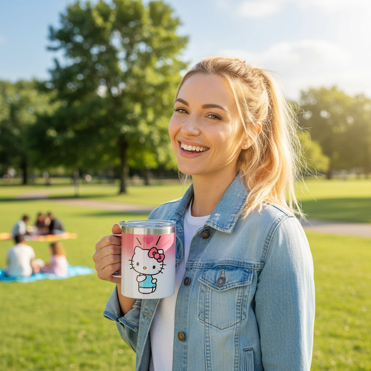 Hello Kitty Text and Character 14oz Vacuum Sealed Stainless Steel Coffee Mug