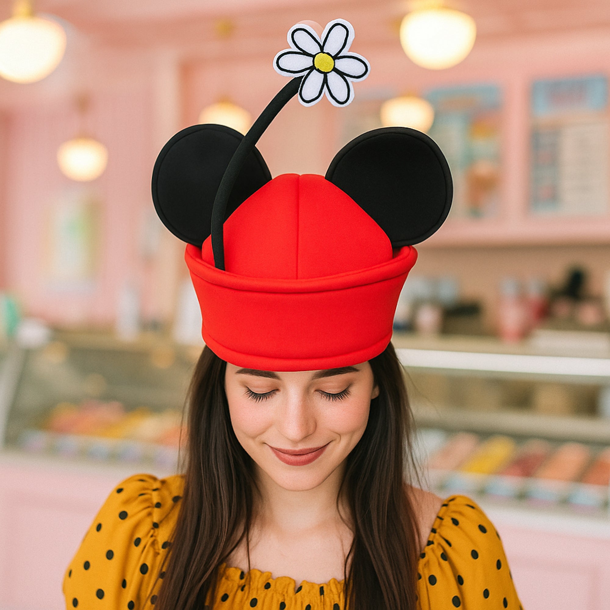 Disney Minnie Mouse Ears & Flower Red Novelty Cosplay Pillbox Hat