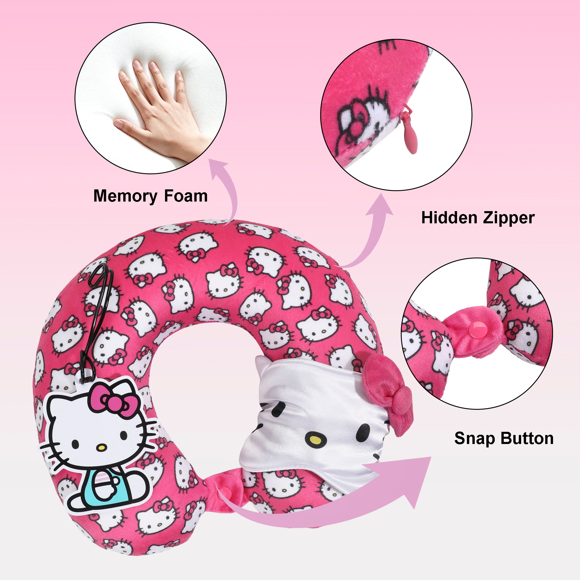 Hello Kitty Pink Heads AOP Memory Foam Neck Pillow with Eye Mask