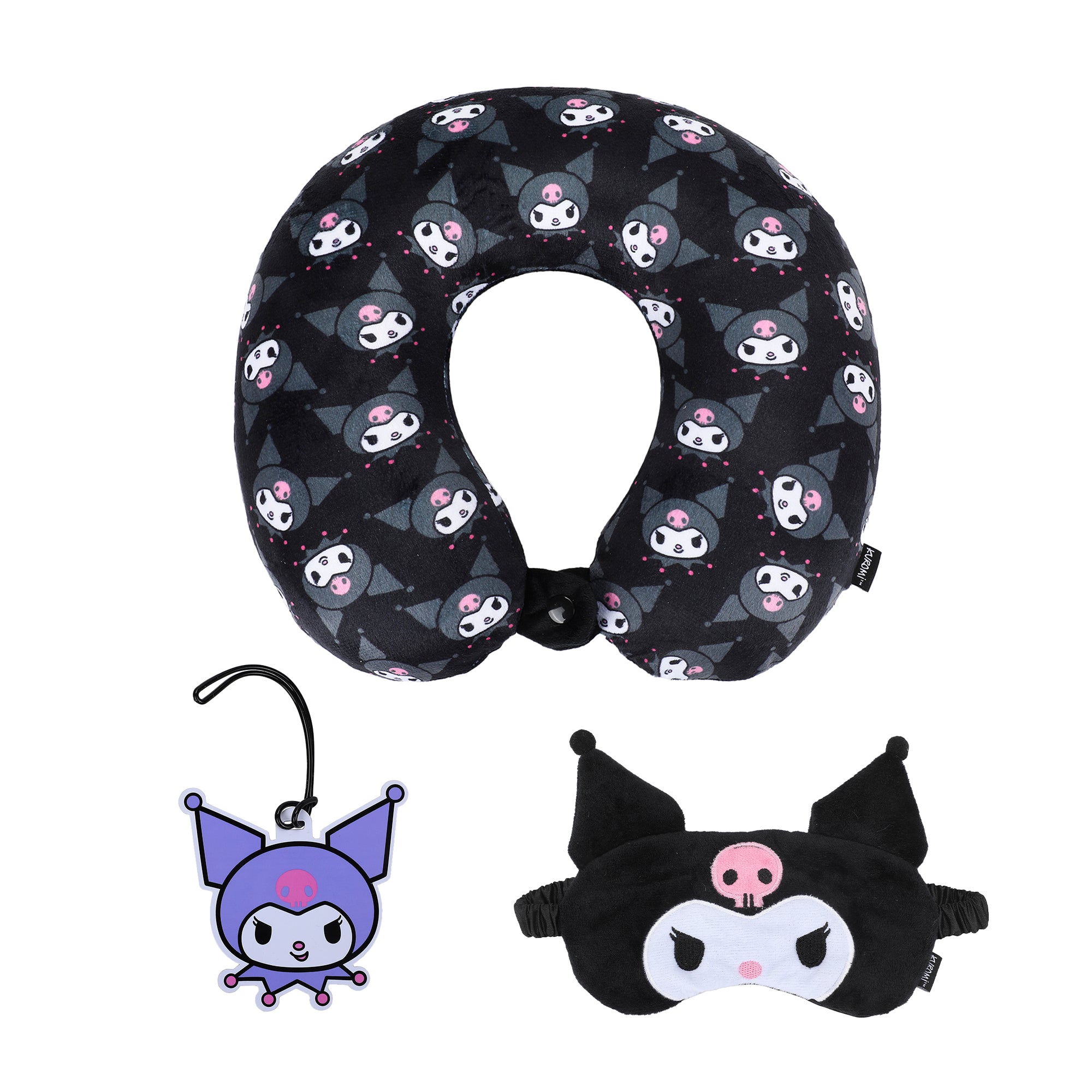 Kuromi 3-Piece Travel Set With Neck Pillow, Eye Mask, And Luggage Tag