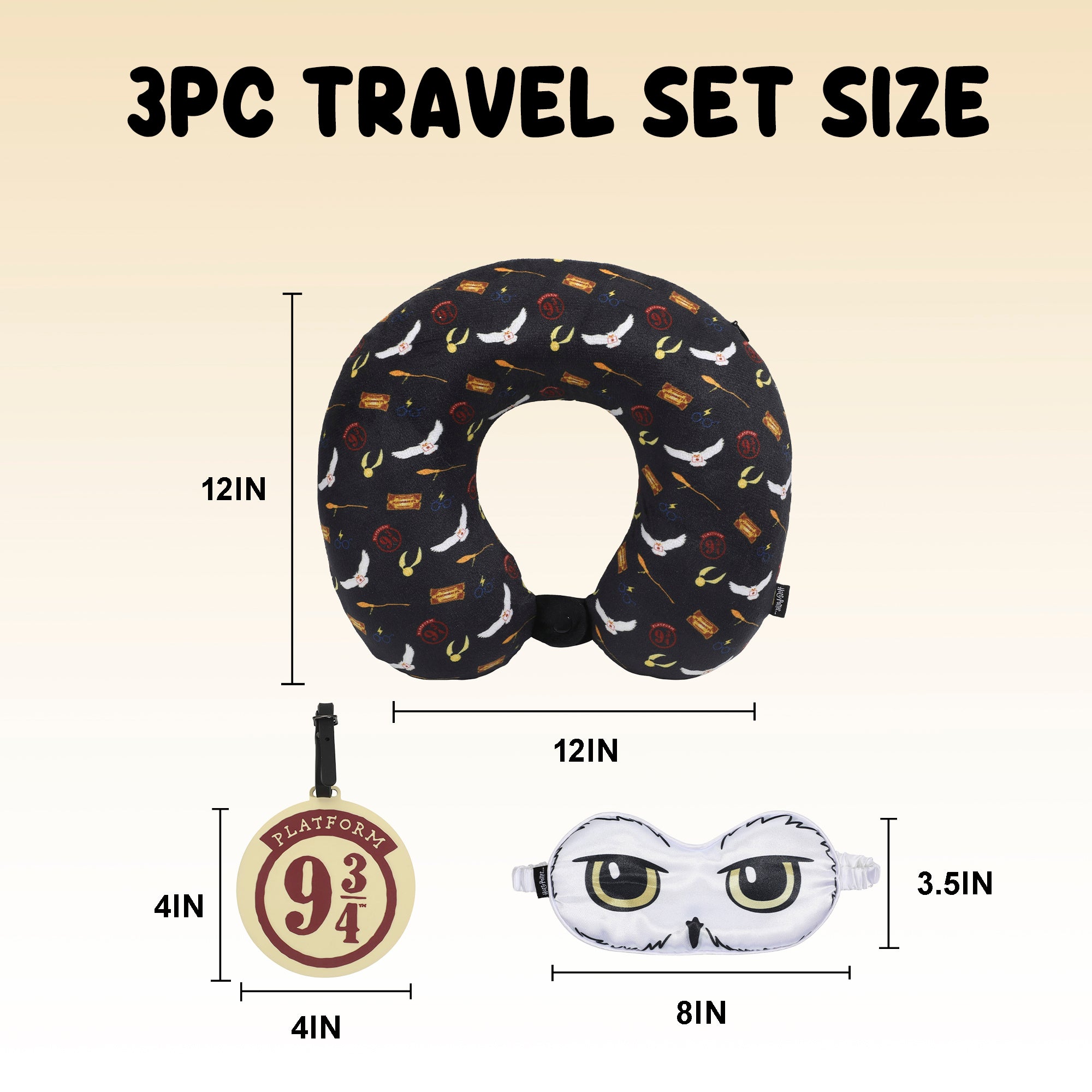 Harry Potter 3pc Neck Pillow Set with Sleep Mask and Molded Rubber Luggage Tag OSFA