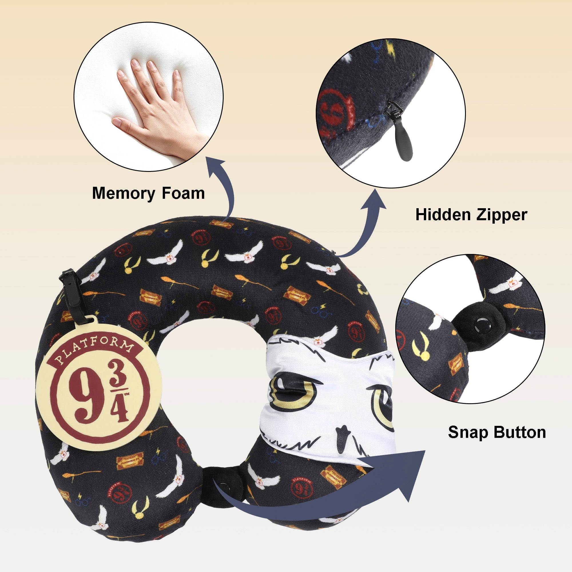 Harry Potter 3pc Neck Pillow Set with Sleep Mask and Molded Rubber Luggage Tag OSFA