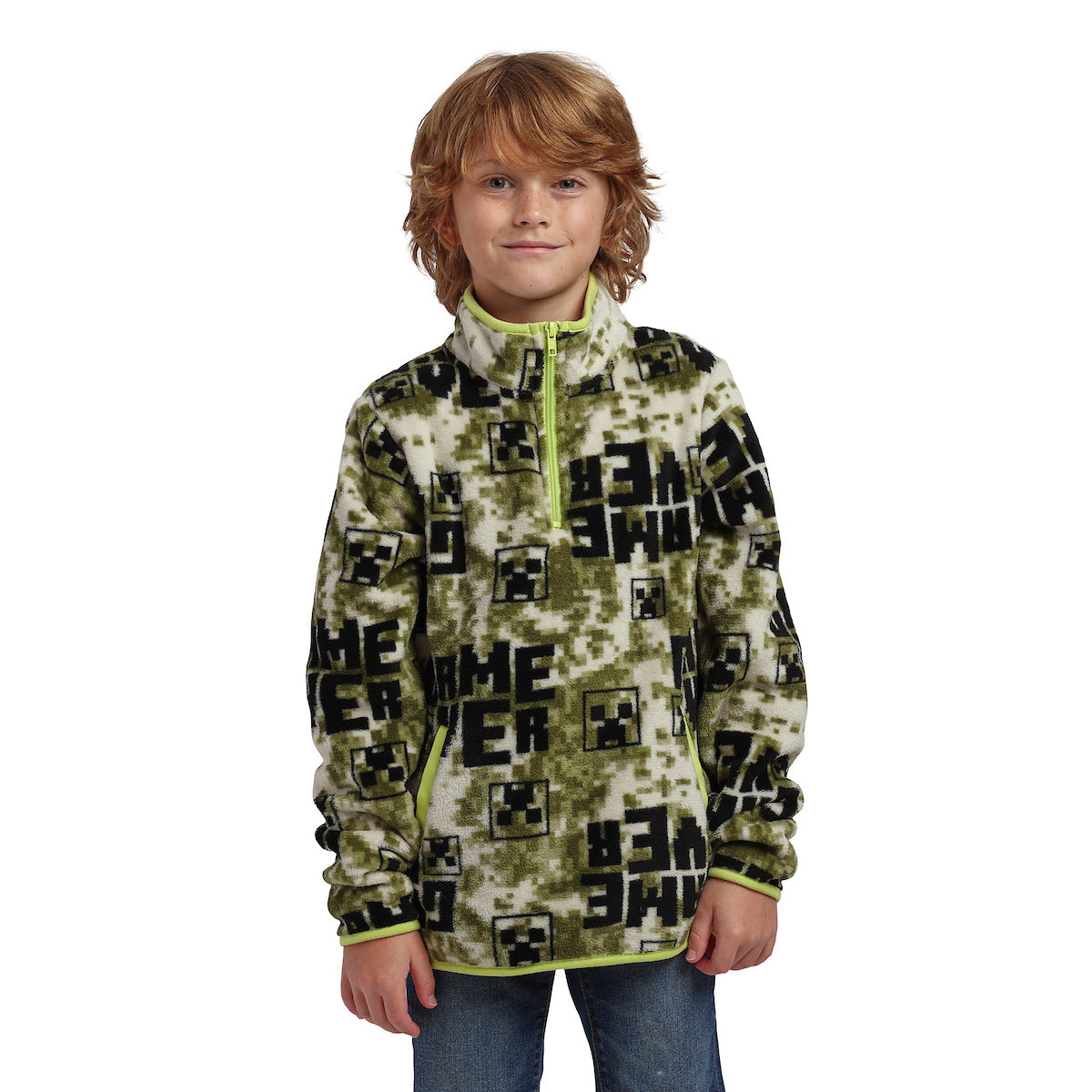 Minecraft Game Over Boy’s White & Green Quarter Zip Jacket