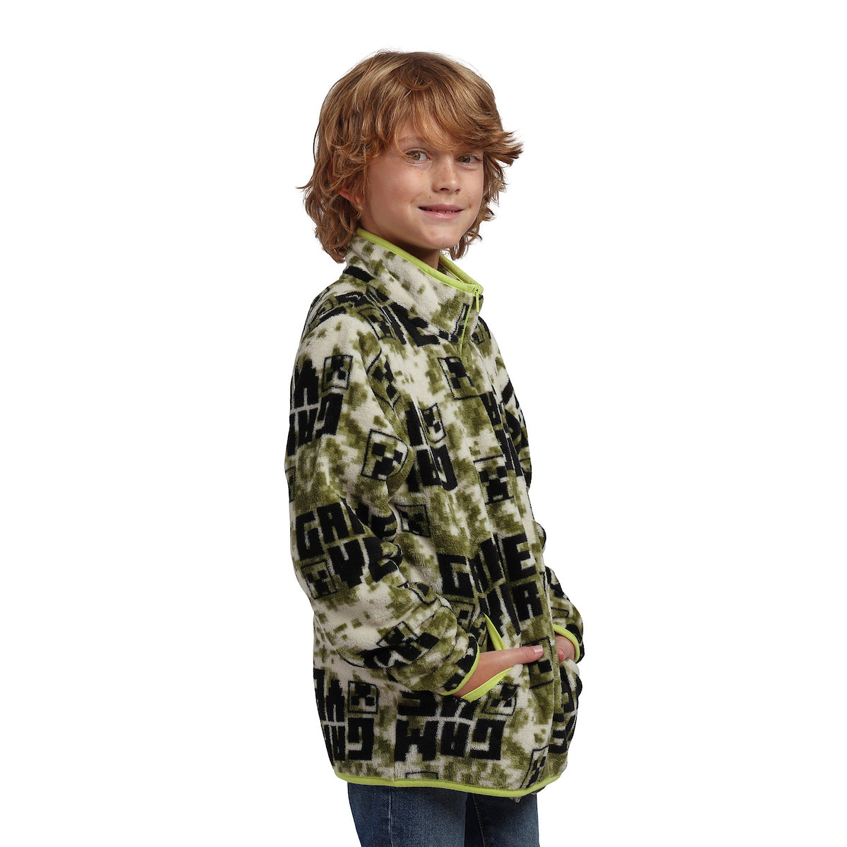 Minecraft Game Over Boy’s White & Green Quarter Zip Jacket