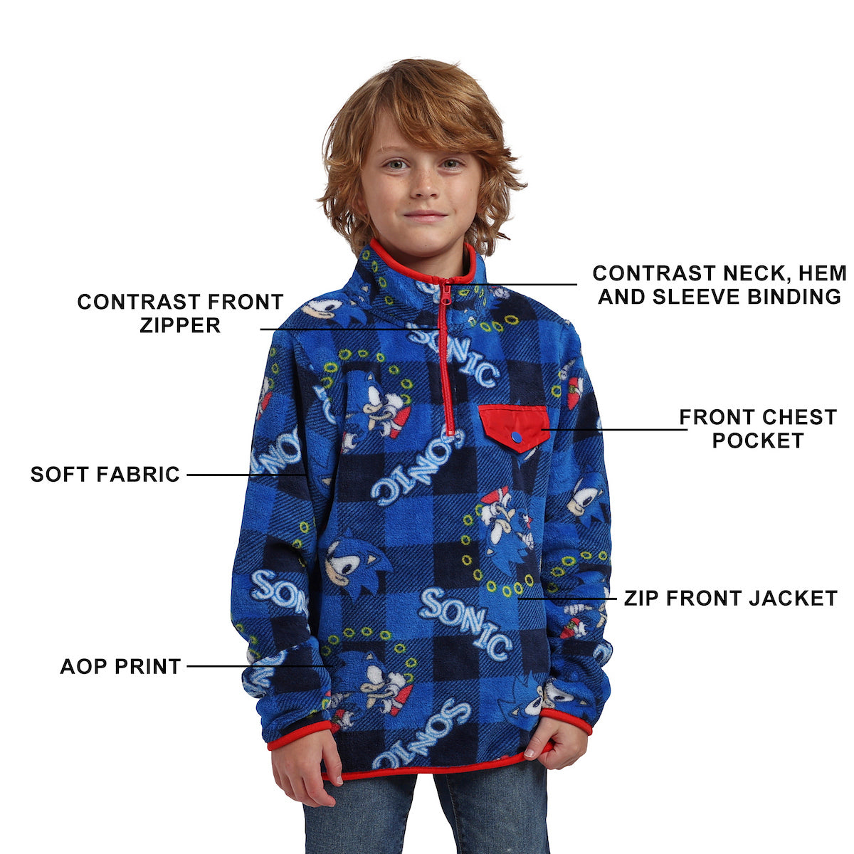 Sonic The Hedgehog Rings Boy's Blue Plaid Quarter Zip Jacket