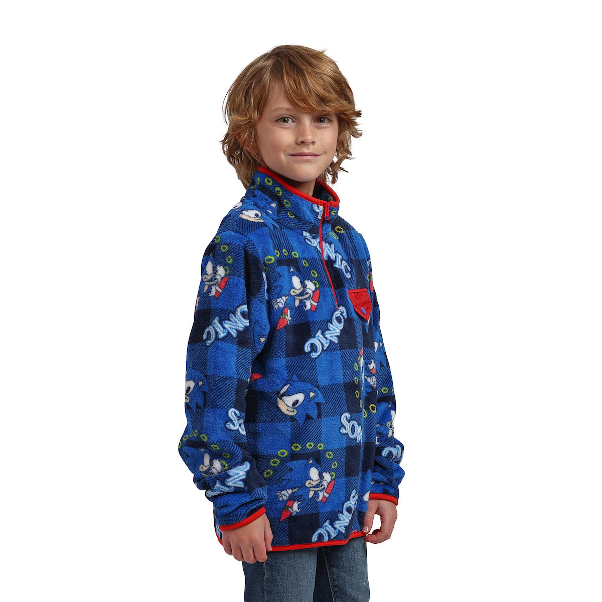 Sonic The Hedgehog Rings Boy's Blue Plaid Quarter Zip Jacket