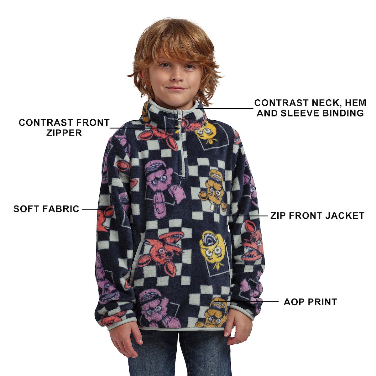 Five Nights At Freddy's Character Faces Boy's Checkered Quarter Zip Jacket