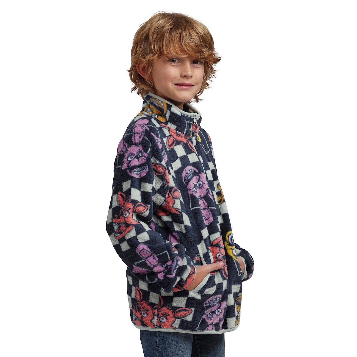 Five Nights At Freddy's Character Faces Boy's Checkered Quarter Zip Jacket
