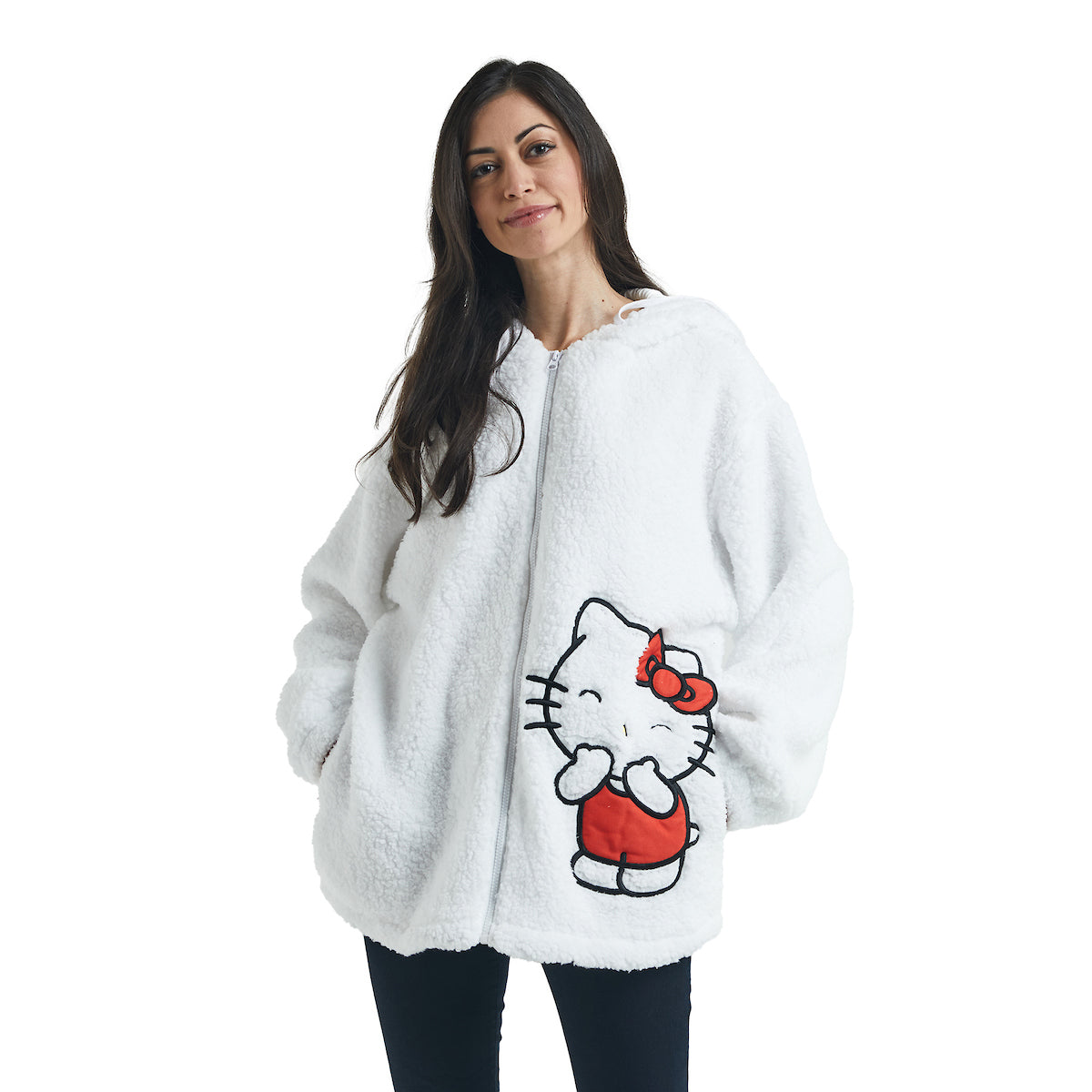 Hello Kitty Women's White Long Sleeve Cosplay Faux Shearling Zip-Up Hoodie