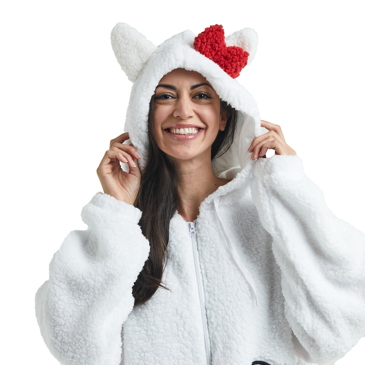 Hello Kitty Women's White Long Sleeve Cosplay Faux Shearling Zip-Up Hoodie