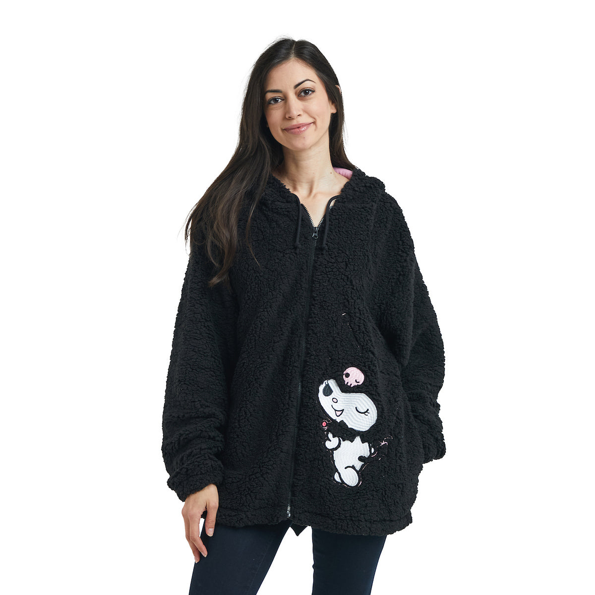 Kuromi Women's Black Long Sleeve Cosplay Faux Shearling Zip-Up Hoodie