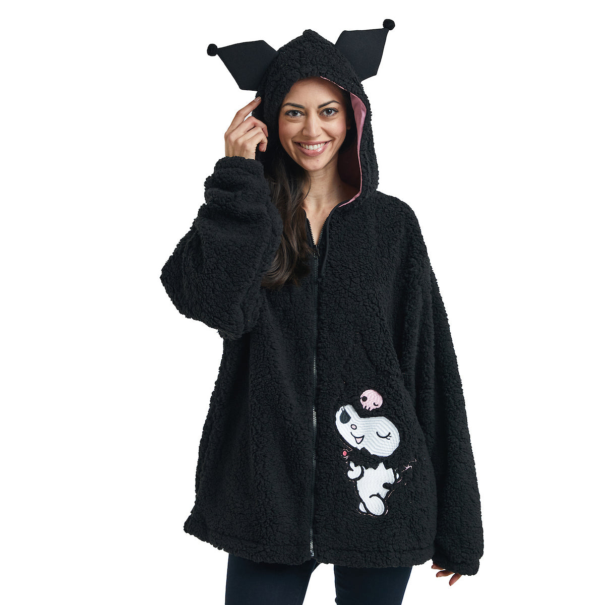 Kuromi Women's Black Long Sleeve Cosplay Faux Shearling Zip-Up Hoodie