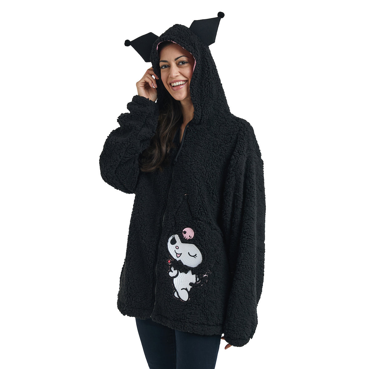 Kuromi Women's Black Long Sleeve Cosplay Faux Shearling Zip-Up Hoodie