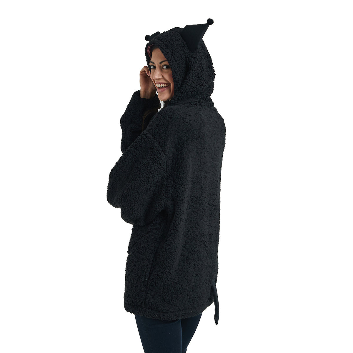 Kuromi Women's Black Long Sleeve Cosplay Faux Shearling Zip-Up Hoodie