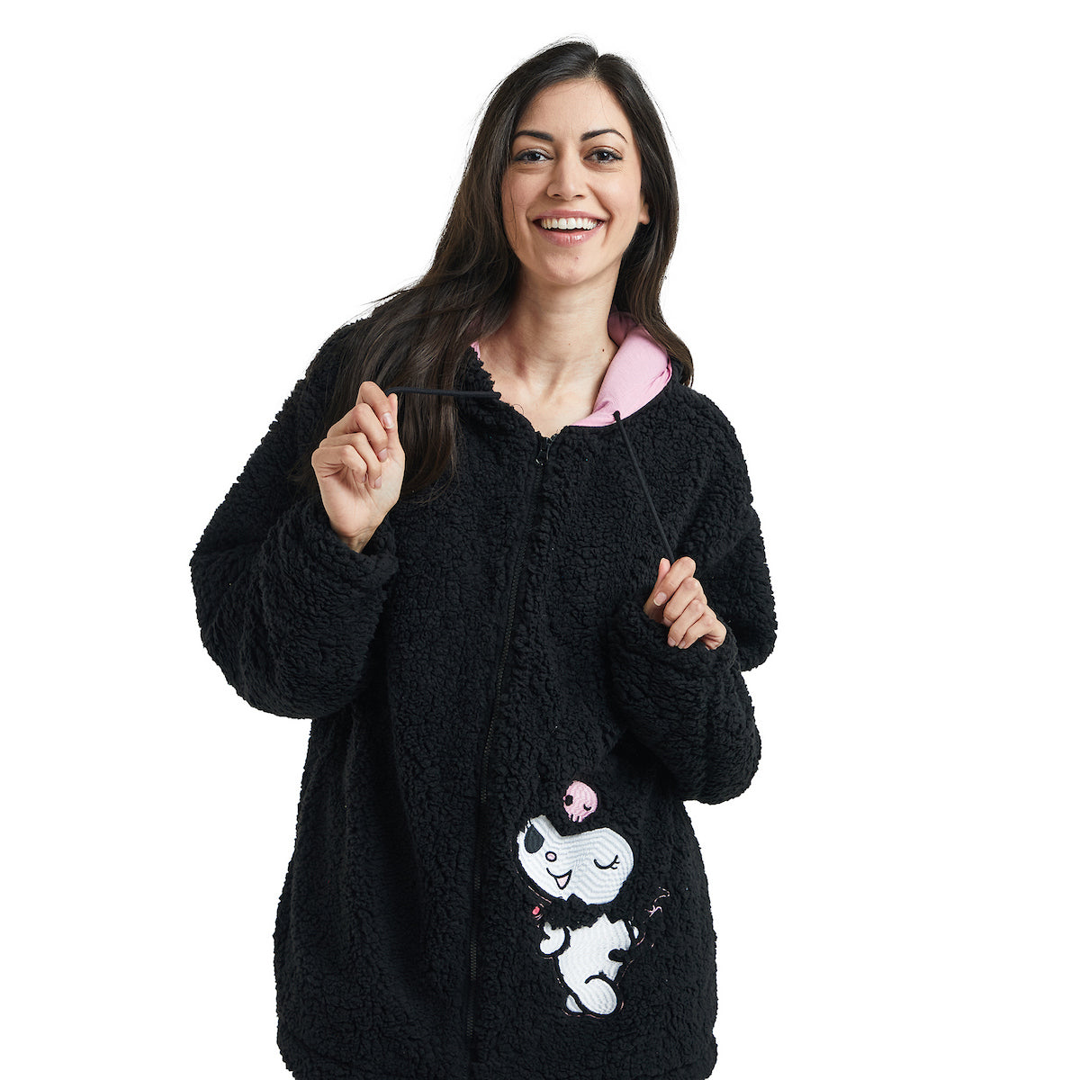 Kuromi Women's Black Long Sleeve Cosplay Faux Shearling Zip-Up Hoodie