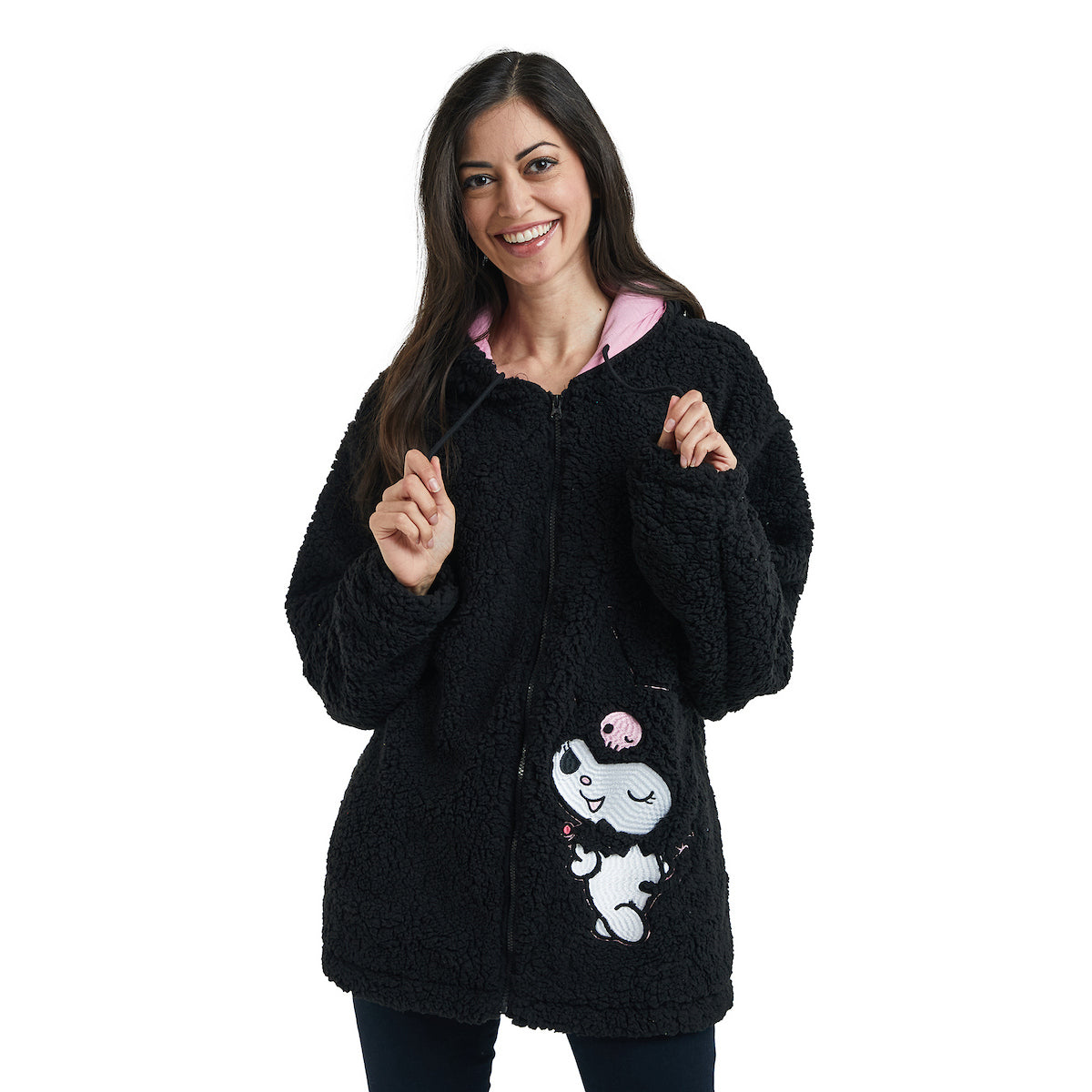 Kuromi Women's Black Long Sleeve Cosplay Faux Shearling Zip-Up Hoodie