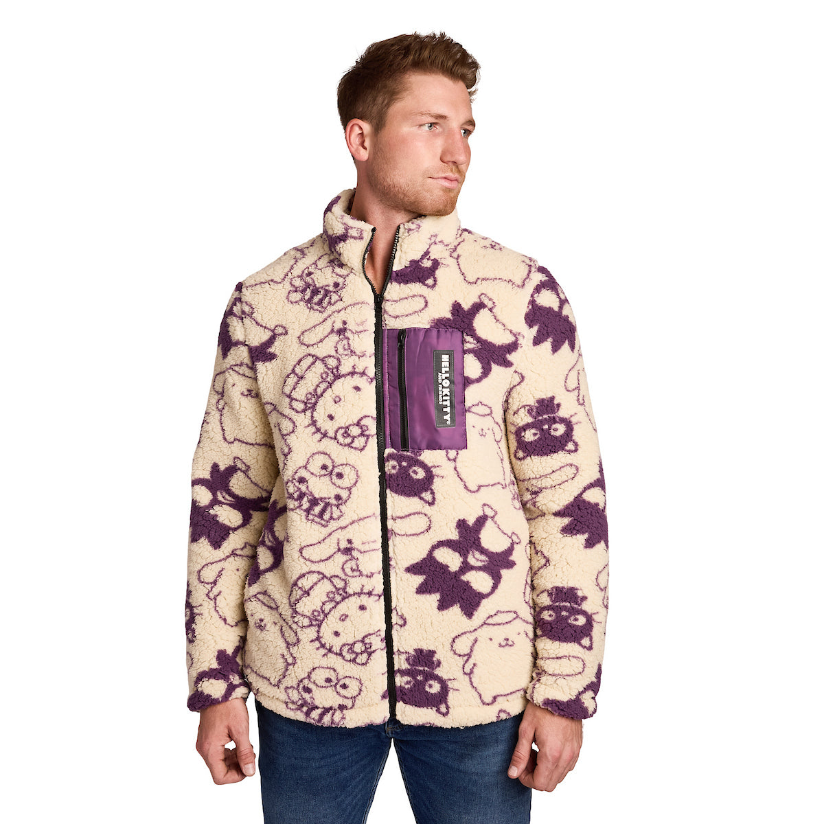 Hello Kitty & Friends All-Over Character Print Men's White Long Sleeve Sherpa Outerwear Jacket