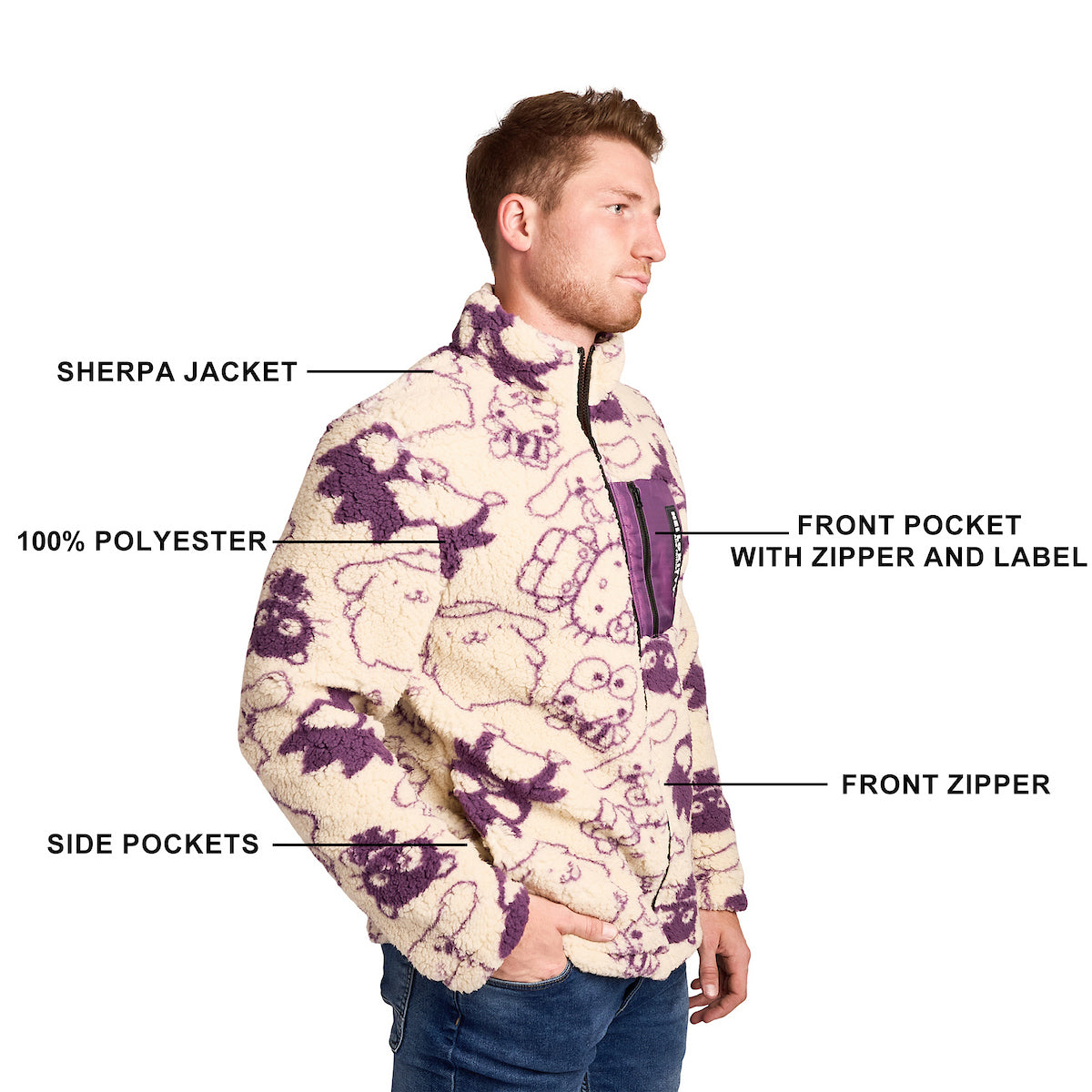 Hello Kitty & Friends All-Over Character Print Men's White Long Sleeve Sherpa Outerwear Jacket