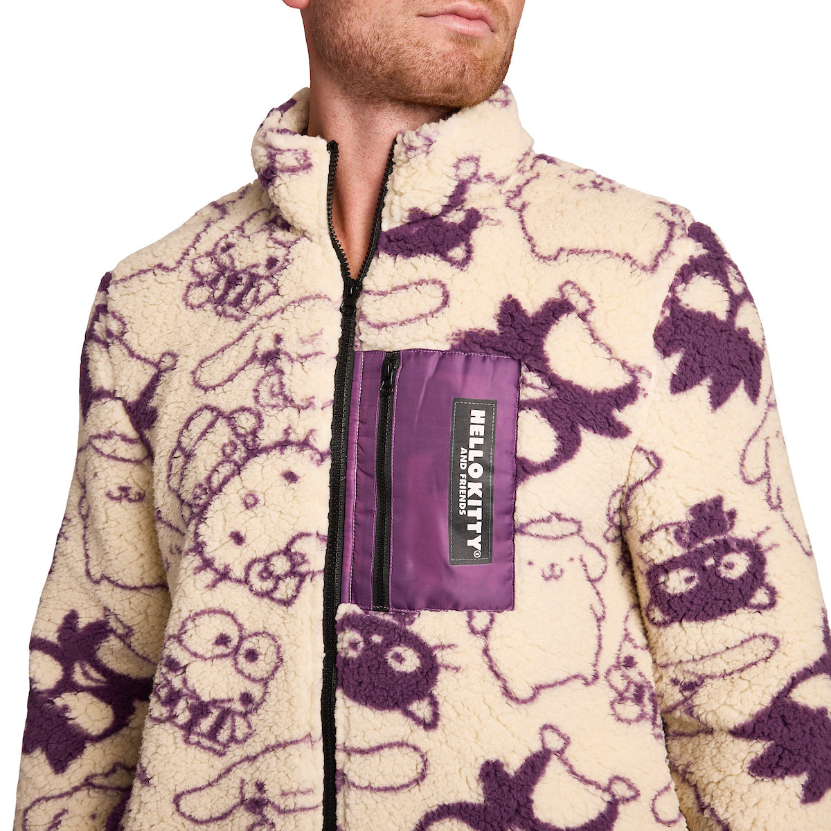 Hello Kitty & Friends All-Over Character Print Men's White Long Sleeve Sherpa Outerwear Jacket