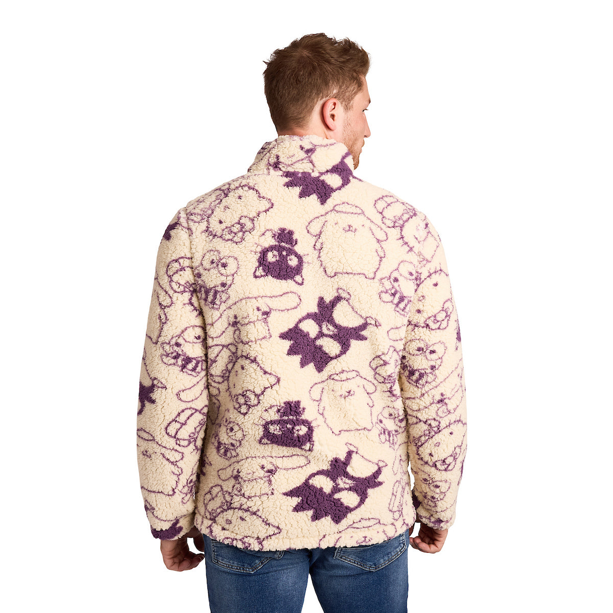 Hello Kitty & Friends All-Over Character Print Men's White Long Sleeve Sherpa Outerwear Jacket