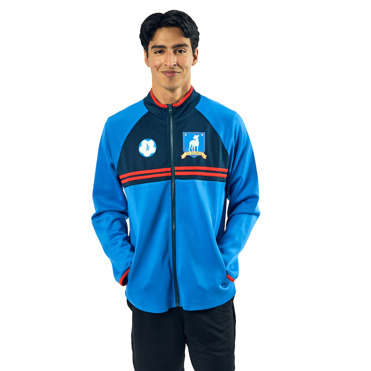 Ted Lasso AFC Richmond Logo Long Sleeve Men's Blue Zip-Up Cosplay Soccer Jacket