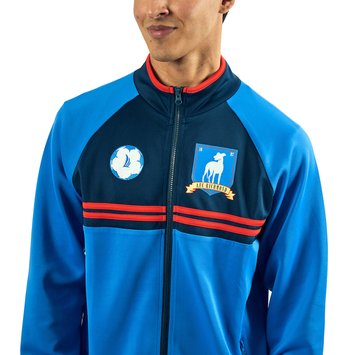 Ted Lasso AFC Richmond Logo Long Sleeve Men's Blue Zip-Up Cosplay Soccer Jacket