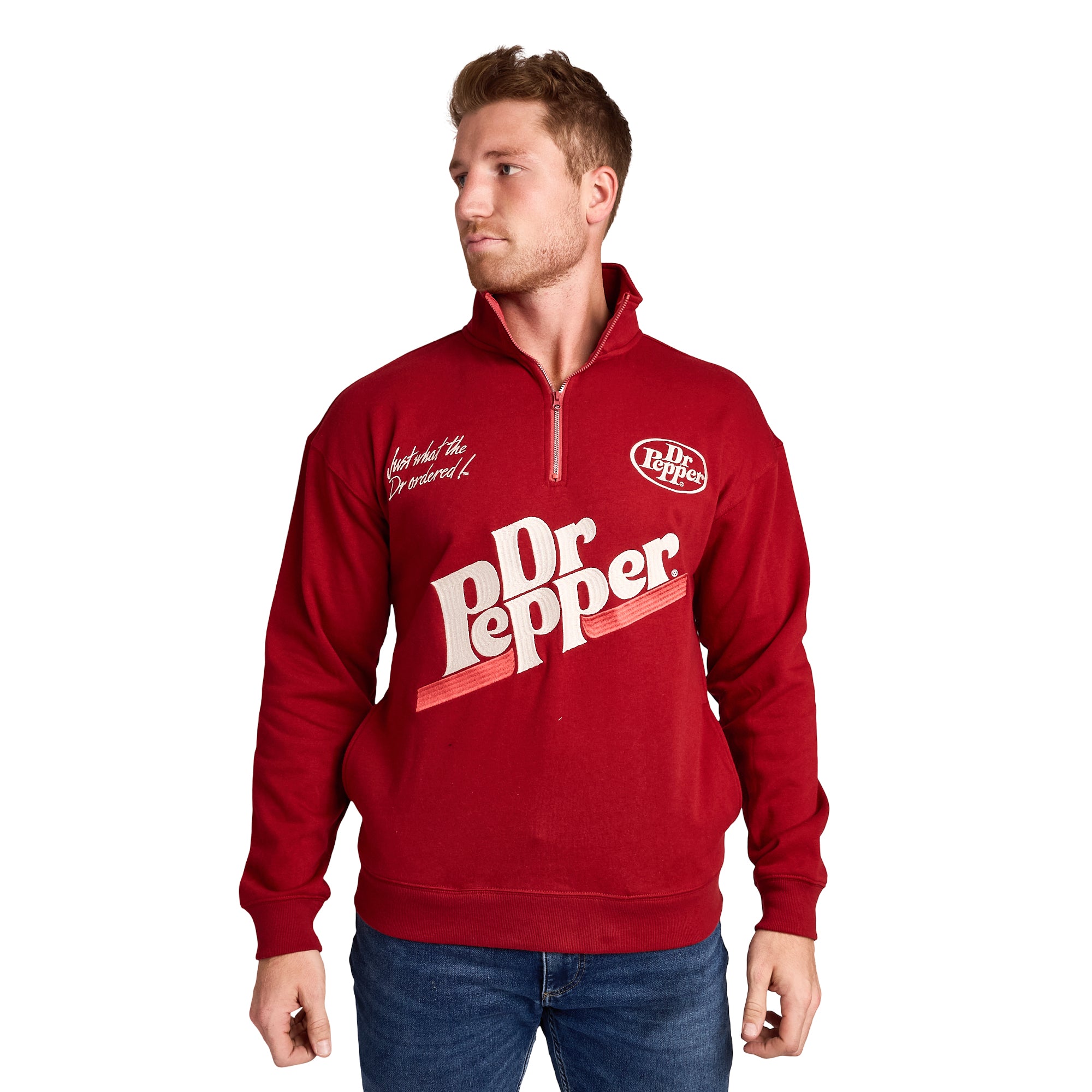 Dr Pepper Just What The Dr Ordered Men's Red Long Sleeve Quarter Zip Pullover Sweatshirt