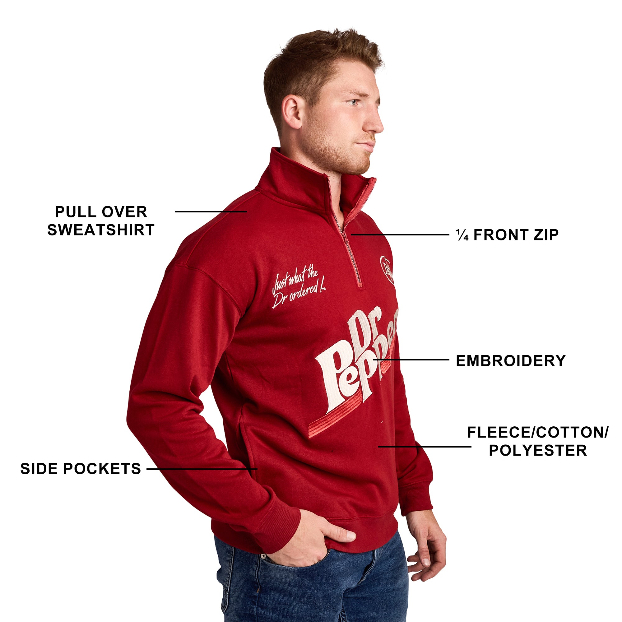 Dr Pepper Just What The Dr Ordered Men's Red Long Sleeve Quarter Zip Pullover Sweatshirt