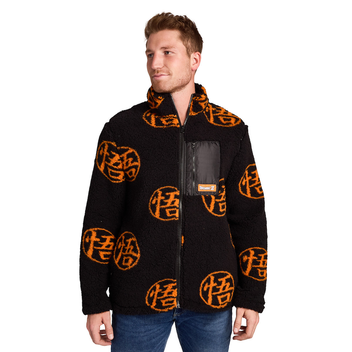 Dragon Ball Z Goku Kanji Symbol All-Over Print Men's Black Long Sleeve Sherpa Outerwear Jacket