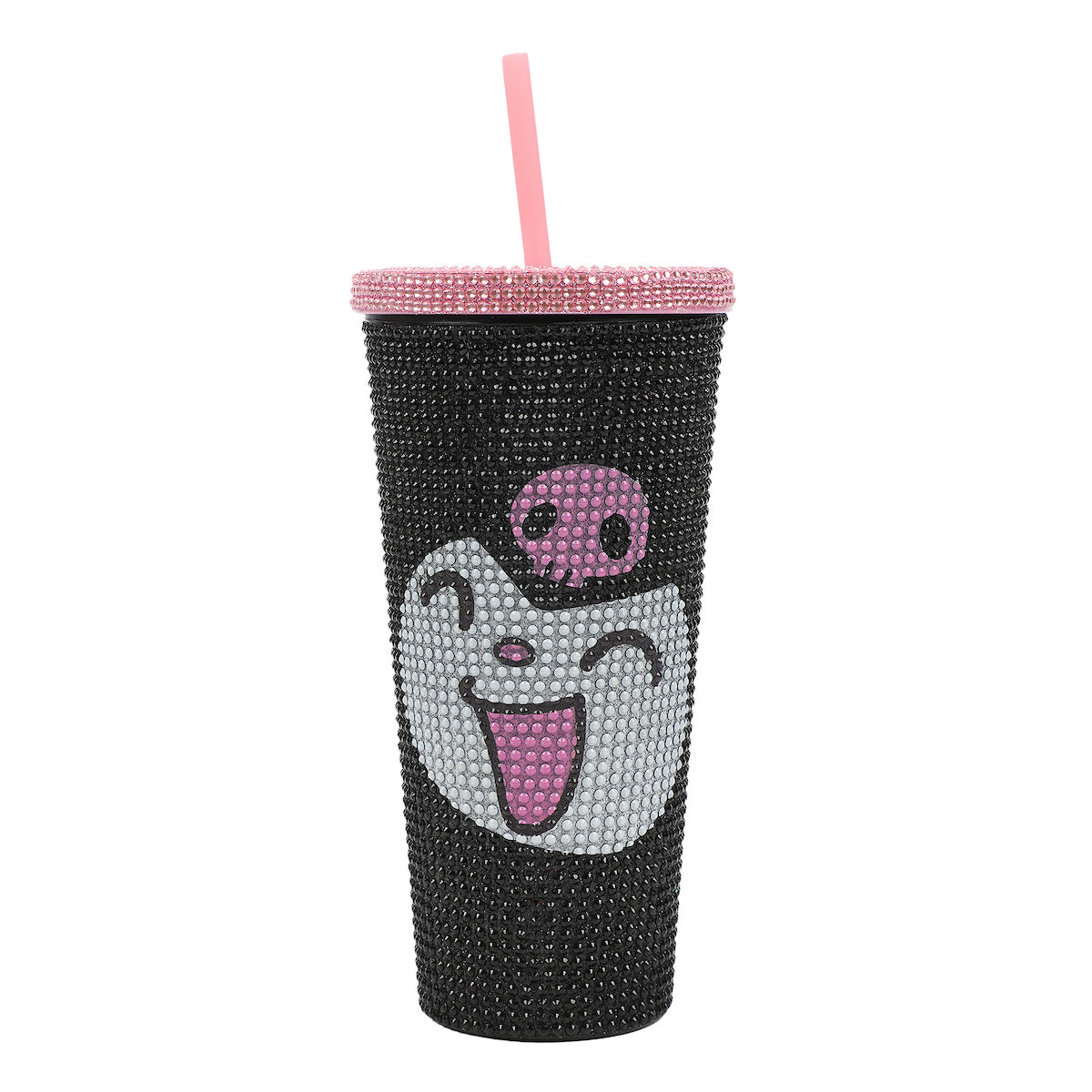 Kuromi Big Face 20 Oz Black Rhinestone-Studded Plastic Tumbler Cup