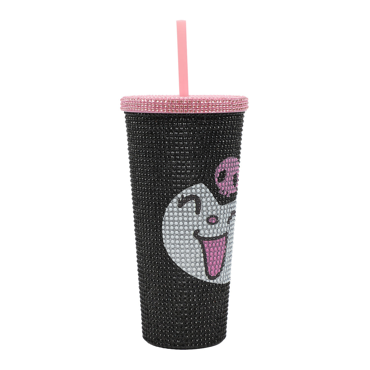 Kuromi Big Face 20 Oz Black Rhinestone-Studded Plastic Tumbler Cup