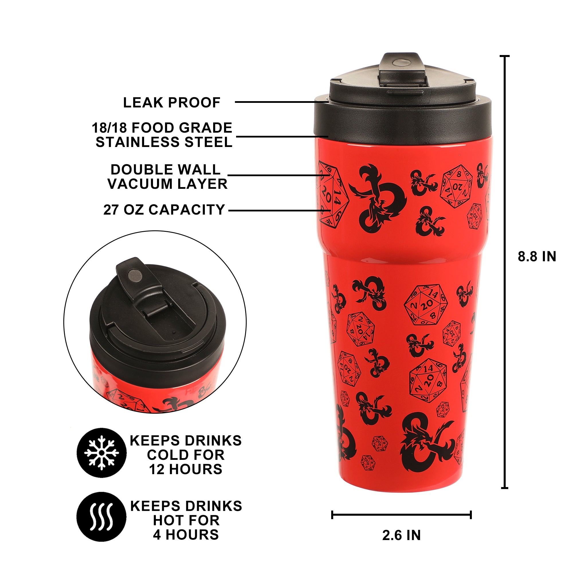 Dungeons & Dragons D20 Dice & Logo Red 27 Oz Stainless Steel Coffee Tumbler