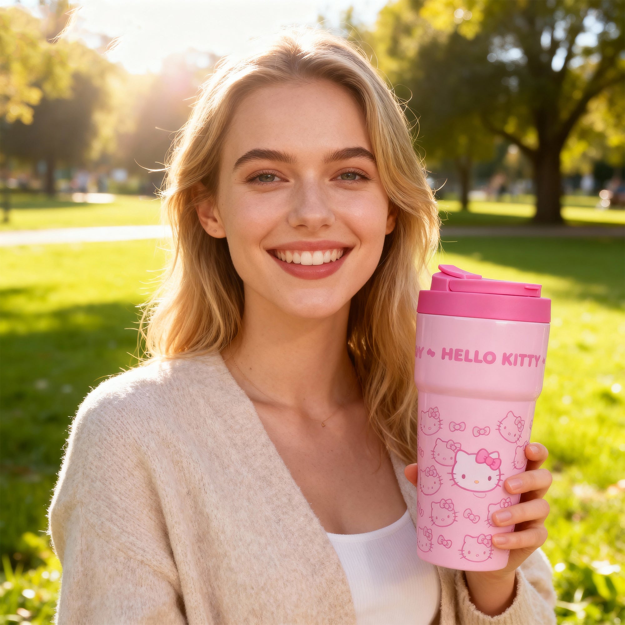 Hello Kitty Character Print Pink 27 Oz Stainless Steel Travel Coffee Tumbler