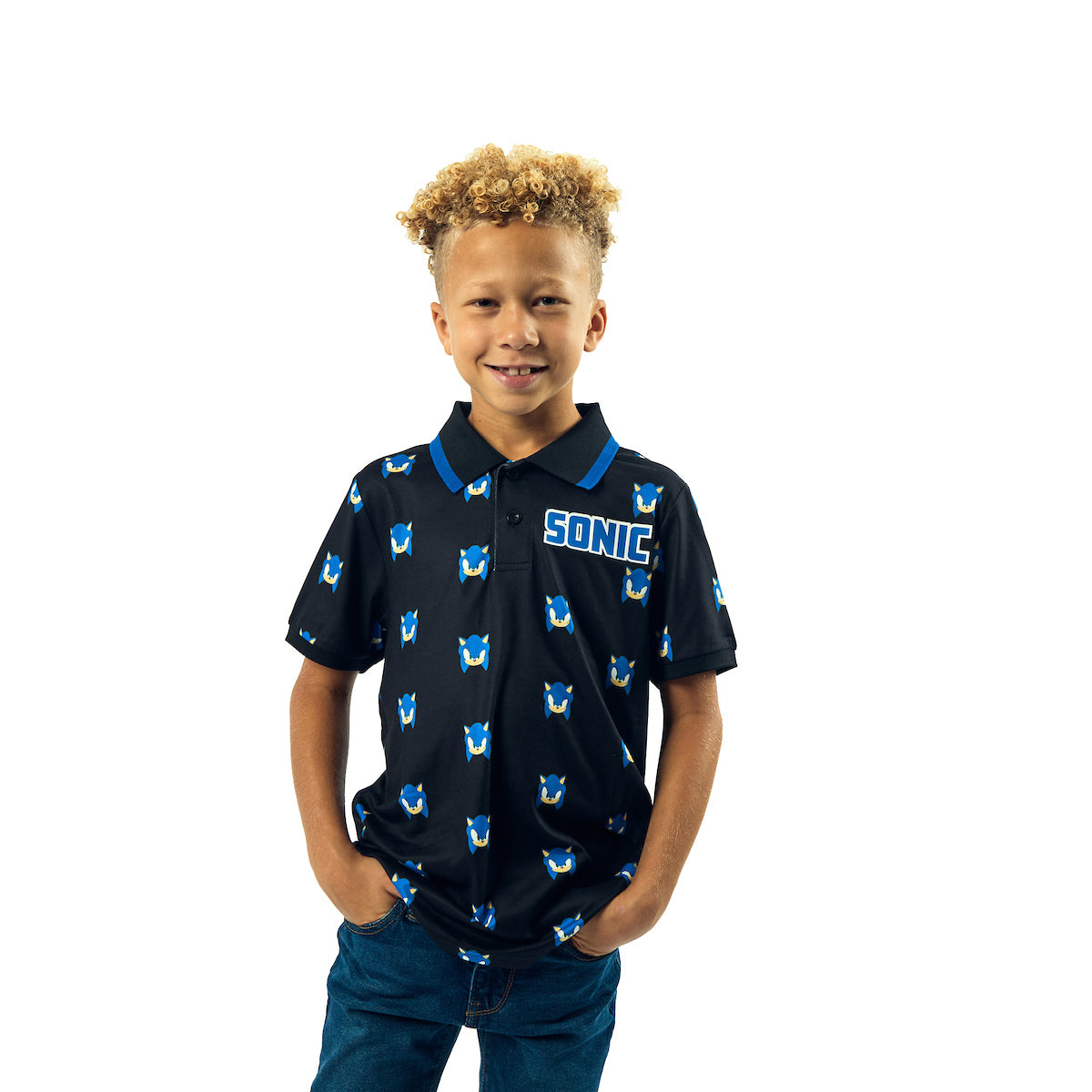 Sonic The Hedgehog Pixel Sonic Heads Short Sleeve Boy's Navy Polo Shirt