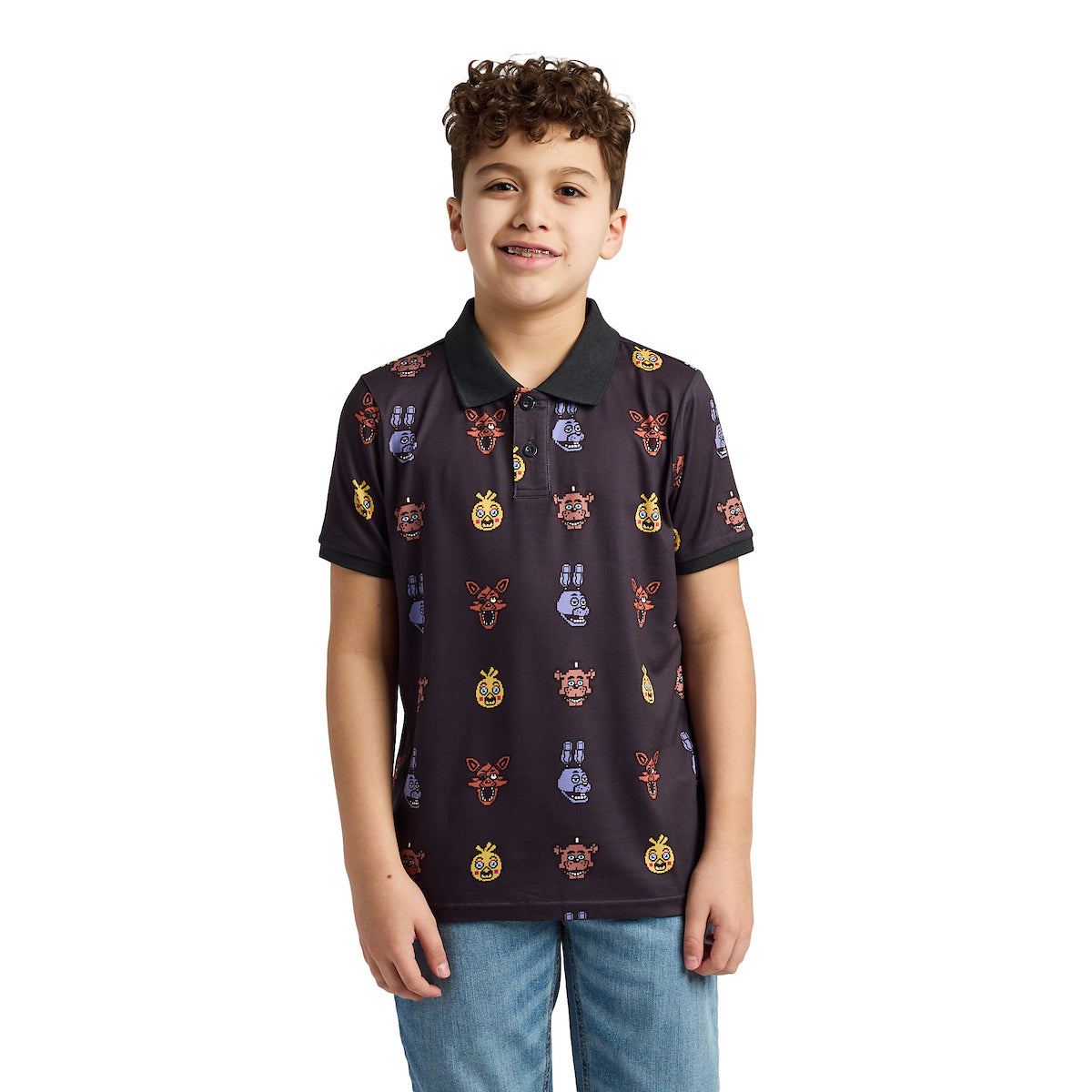 Five Nights At Freddy's Animatronic Heads All-Over Print Boy's Black Short Sleeve Polo T-shirt