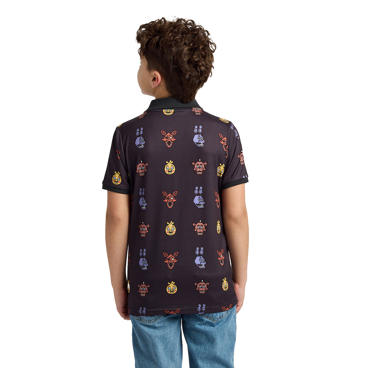 Five Nights At Freddy's Animatronic Heads All-Over Print Boy's Black Short Sleeve Polo T-shirt