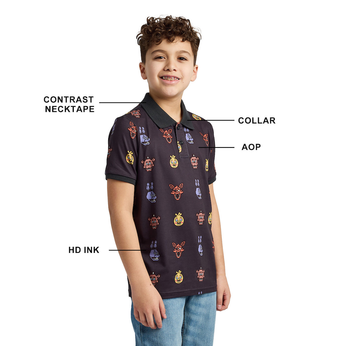 Five Nights At Freddy's Animatronic Heads All-Over Print Boy's Black Short Sleeve Polo T-shirt