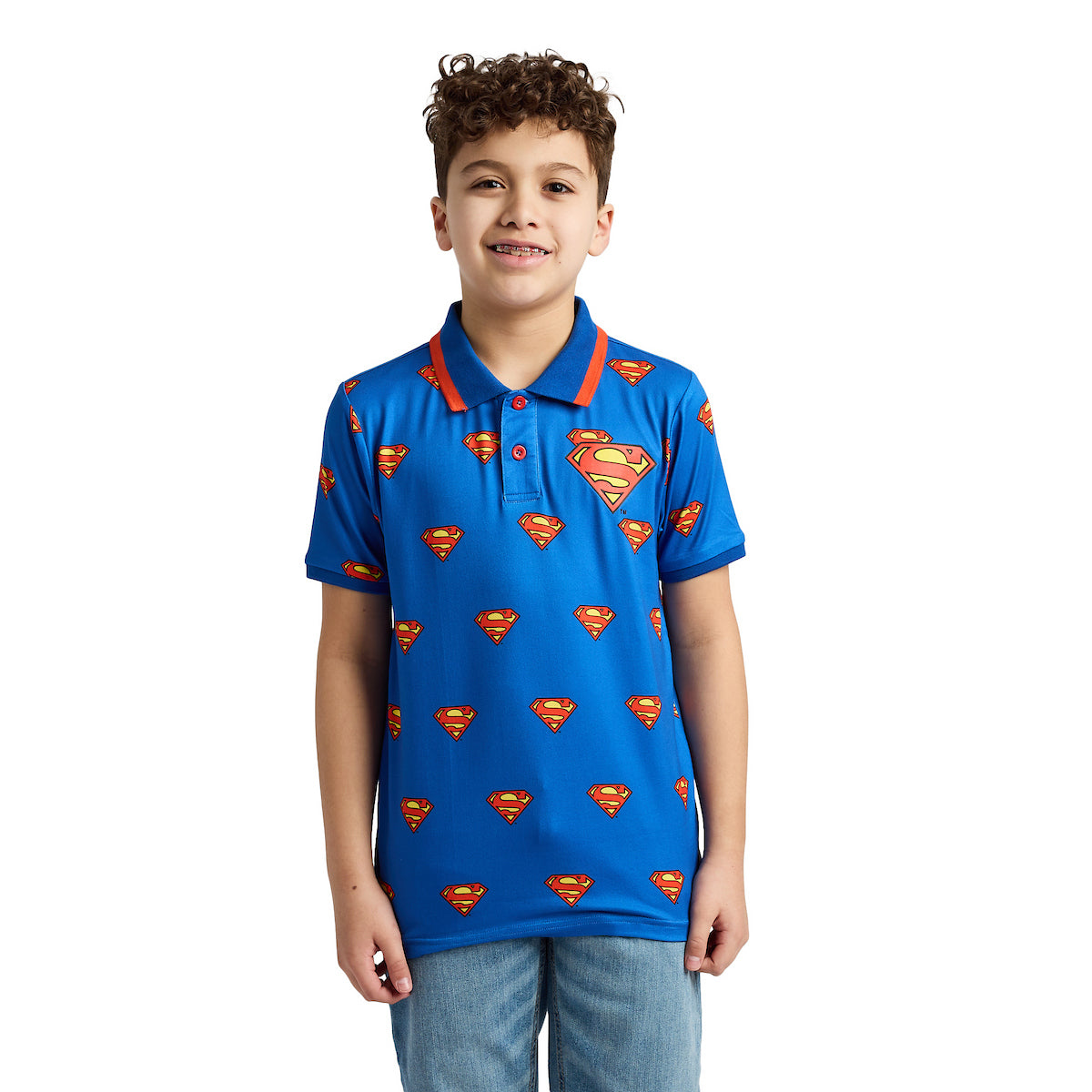 Superman Logo All-Over Print Boy's Royal Blue Short Sleeve Polo T-shirt