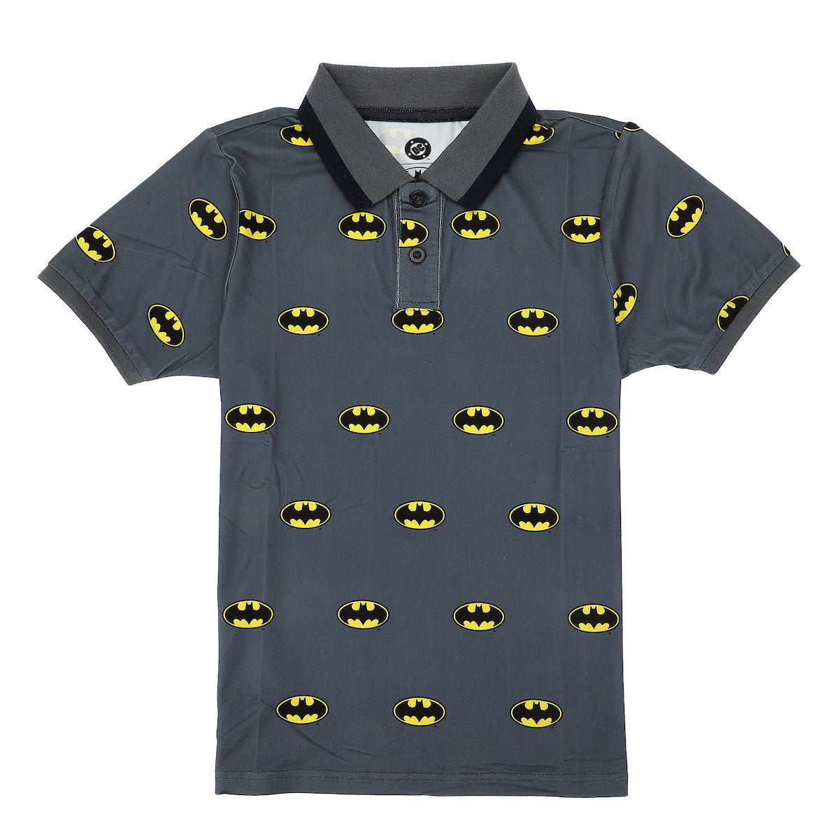 Batman Logo All-Over Print Boy's Gray Short Sleeve Polo T-shirt