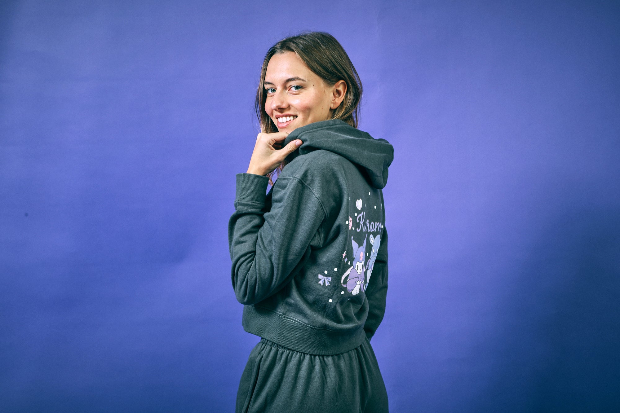 Kuromi Hearts & Bows Women's 2-Pack Charcoal Long Sleeve Crop Hoodie & Joggers Combo Set