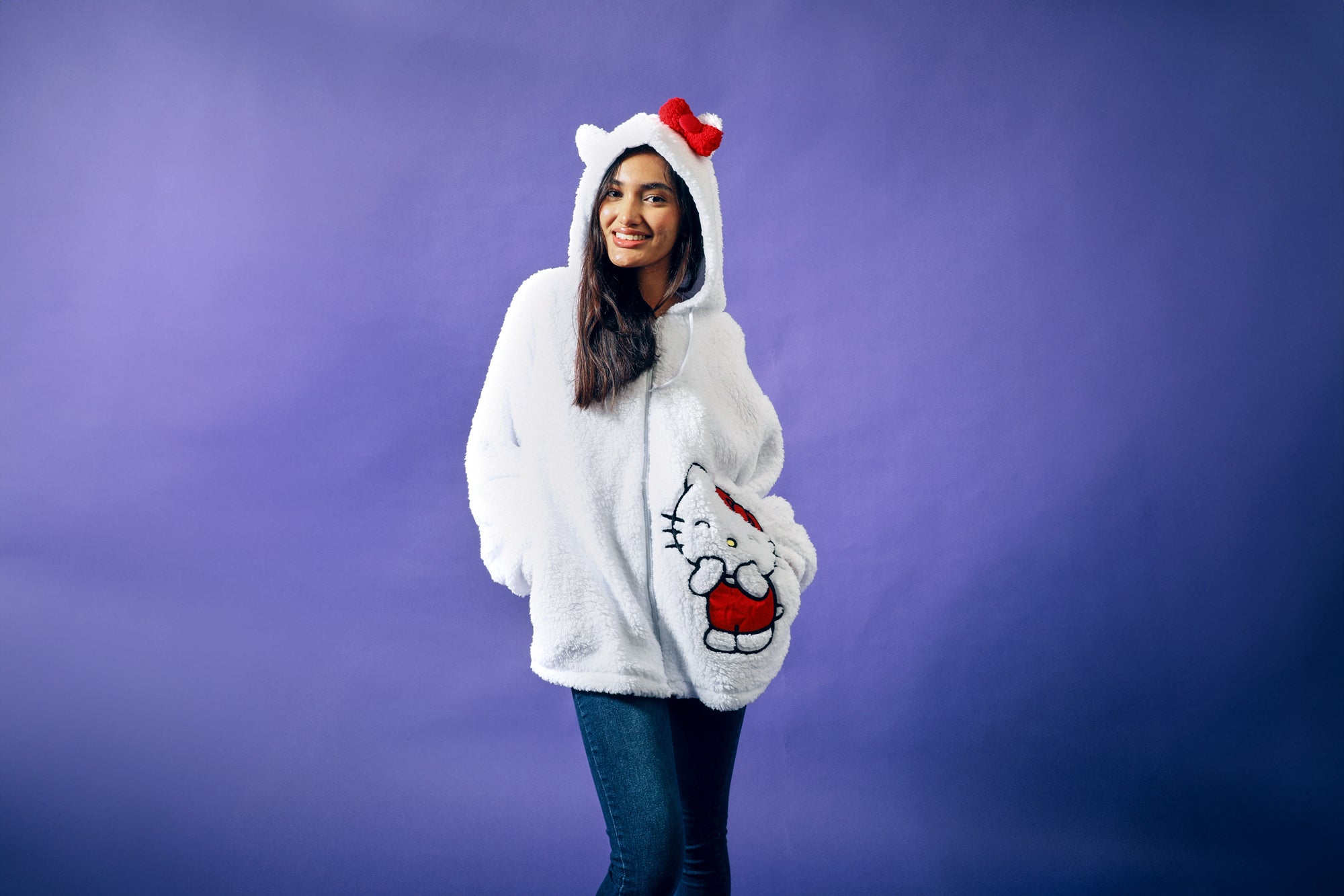 Hello Kitty Women's White Long Sleeve Cosplay Faux Shearling Zip-Up Hoodie