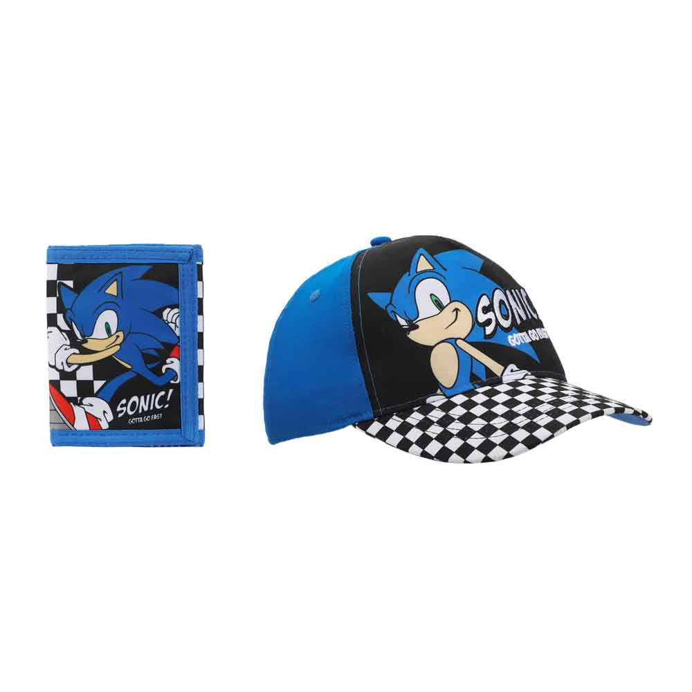 Sonic The Hedgehog Character & Checkered Patterns 2-Piece Curved Snapback Hat & Bi-Fold Wallet Set