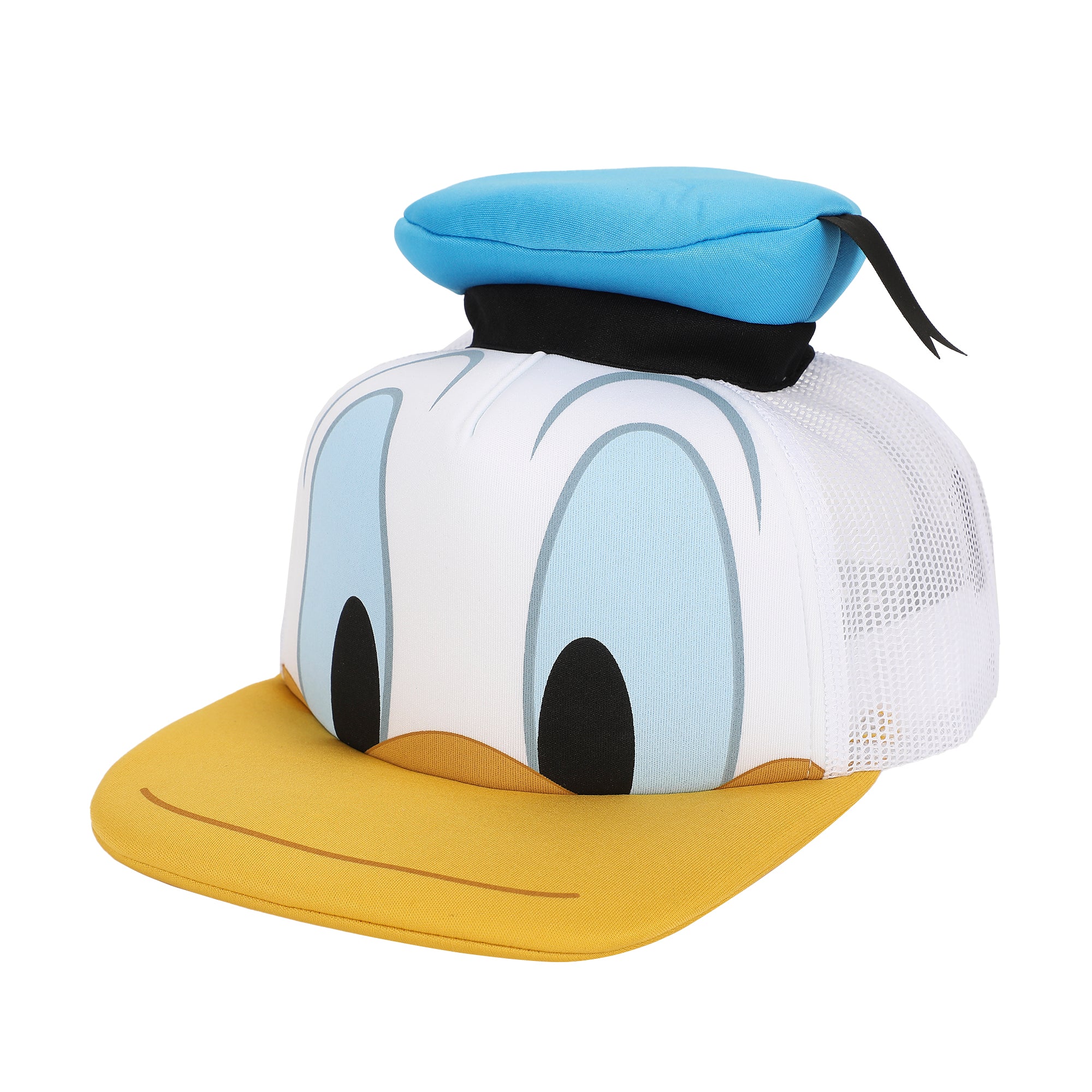 Disney Classic Characters Donald Duck Die Cut Bill And Hatt Applique Nylon And Mesh B5 Trucker Hat Snapback