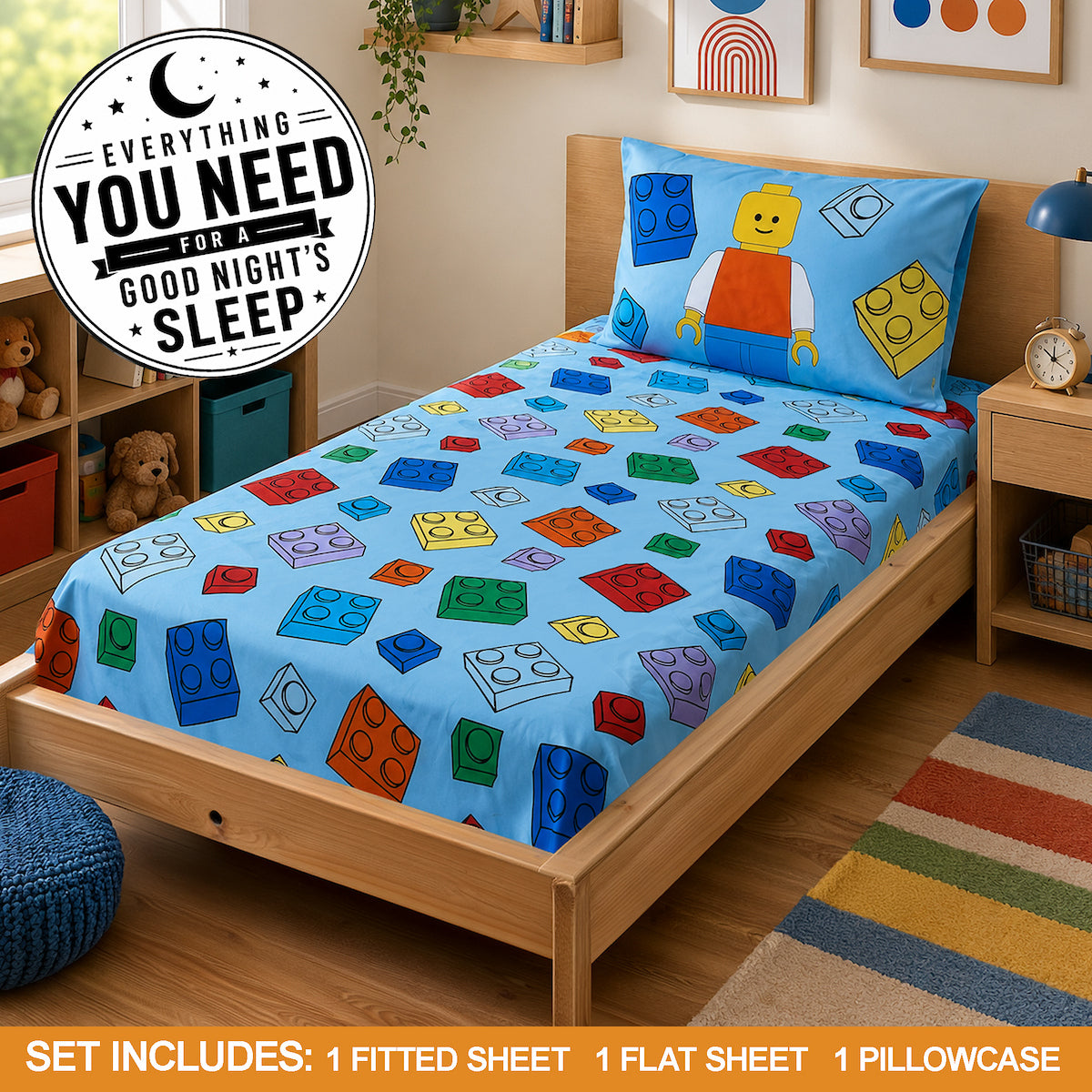 Lego Stax 3-Piece Single Sheet Set for Kids Bedroom Bedding