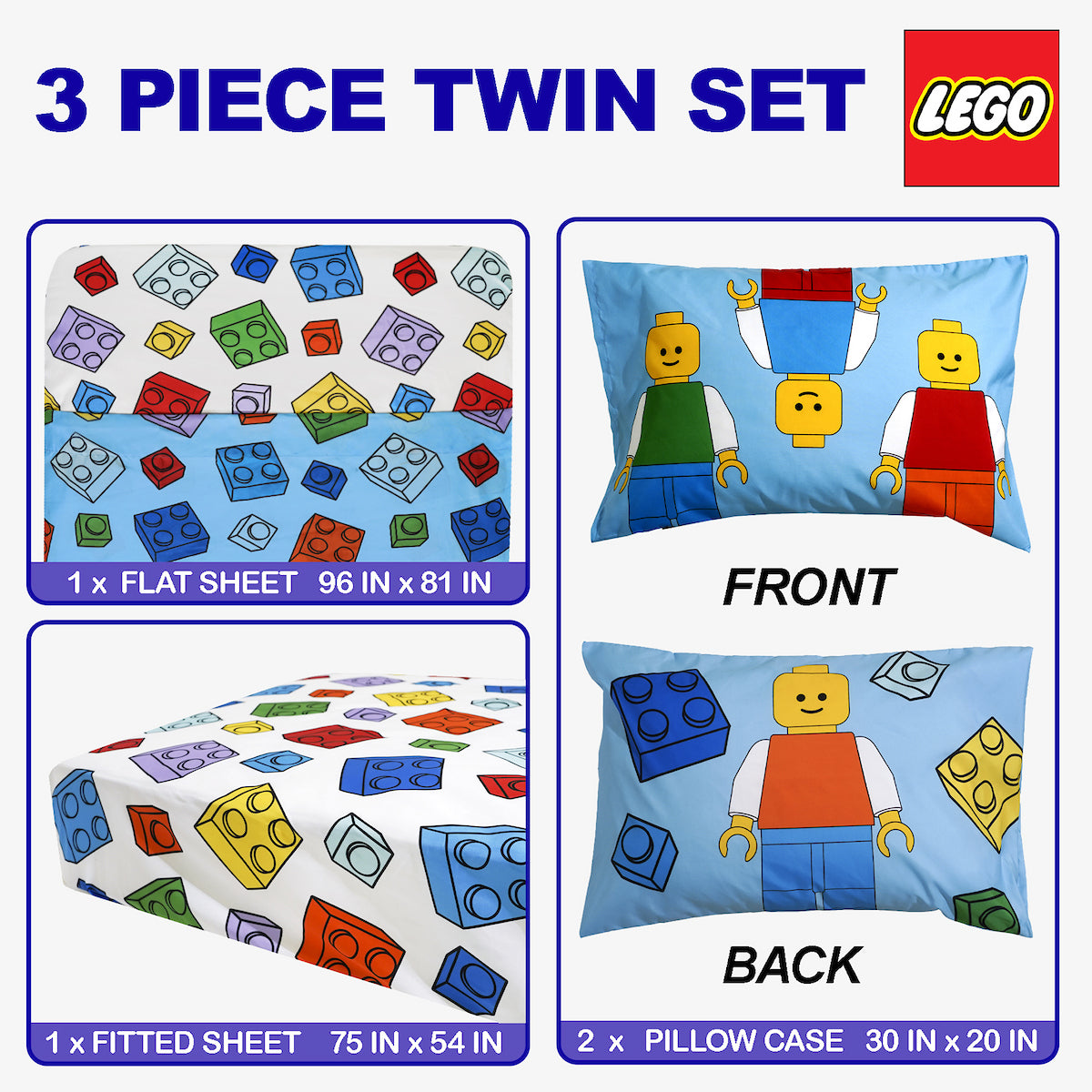 Lego Stax 3-Piece Single Sheet Set for Kids Bedroom Bedding